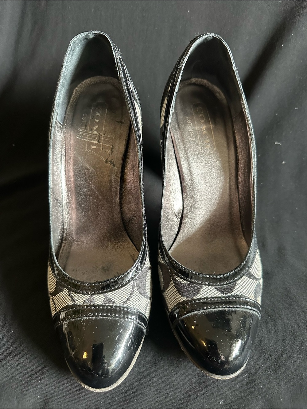 Coach Black Signature Canvas and Patent Cap-Toe Pumps
